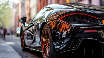 A stunning black sports car parked in an urban setting, showcasing its sleek design and reflective surfaces. The backdrop features vibrant city architecture, perfect for automotive enthusiasts.