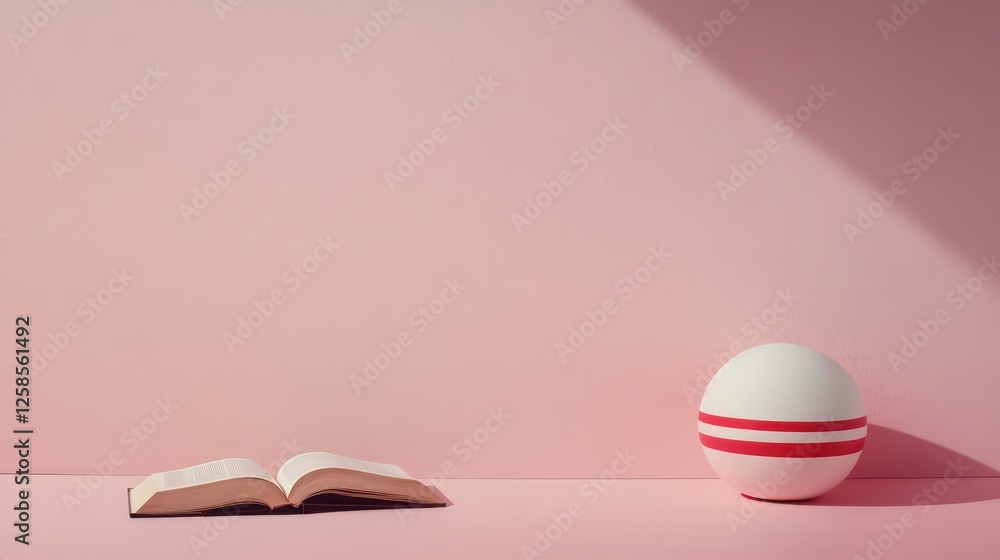 Poster a pink wall backdrop holds an open book, adjacent to a white object with a red stripe at its base