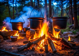 Campfire Cooking: Black Pots Simmering Over Embers in Forest