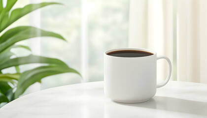 Relaxing with coffee on a bright morning by a window, surrounded by greenery. Lifestyle image