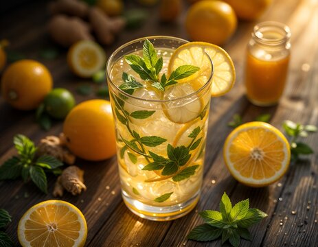 long glass with a refreshing drink of water, lemon and mint, along with whole and halved lemons and mint leaves, on a wooden table. Image bathed in the golden light of sunset