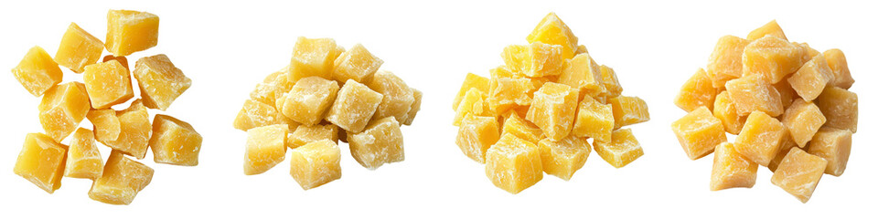 Dried pineapple chunks arranged piles transparency background, showcasing their vibrant color