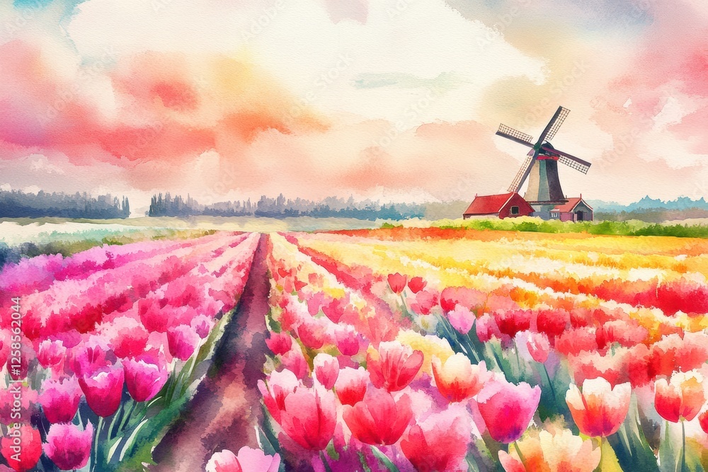Poster Vibrant tulip fields with windmill under a colorful spring sky. Generative AI
