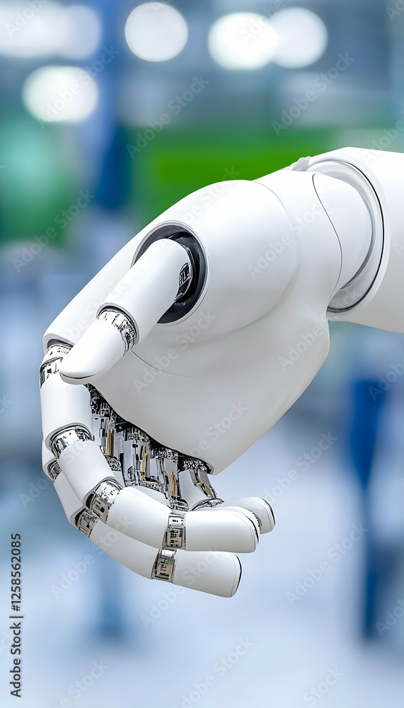 Poster robot arm reaching forward in a factory setting, suitable for illustrating technology concepts