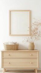Natural baby room setup with blank frame minimalist design calm environment cozy viewpoint stylish concept