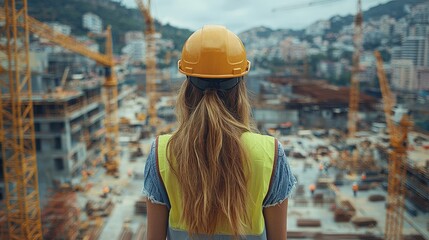 Woman engineer surveys urban construction site