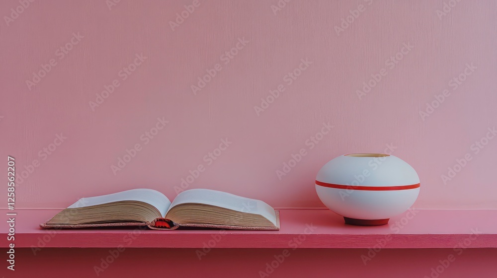 Poster a pink wall backdrop holds an open book, adjacent to a white object with a red stripe at its base