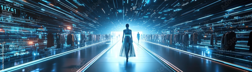 Poster a figure stands in a futuristic setting, illuminated by vibrant blue lights and digital patterns, cr