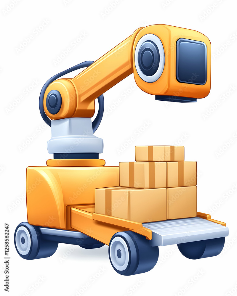 Poster robotic arm lifting boxes in factory; use for automation, delivery and manufacturing concept