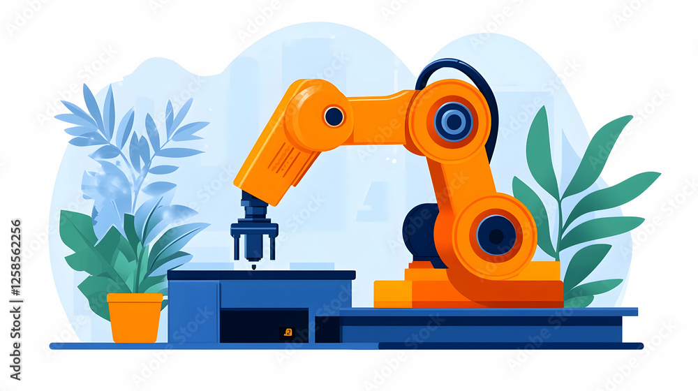 Poster robotic arm doing automated precision work in factory, plants in back. use tech websites