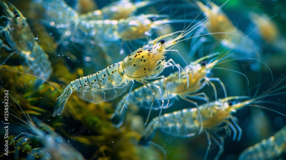 Poster shrimps move actively through clear water, showcasing their bright colors and intricate patterns ami