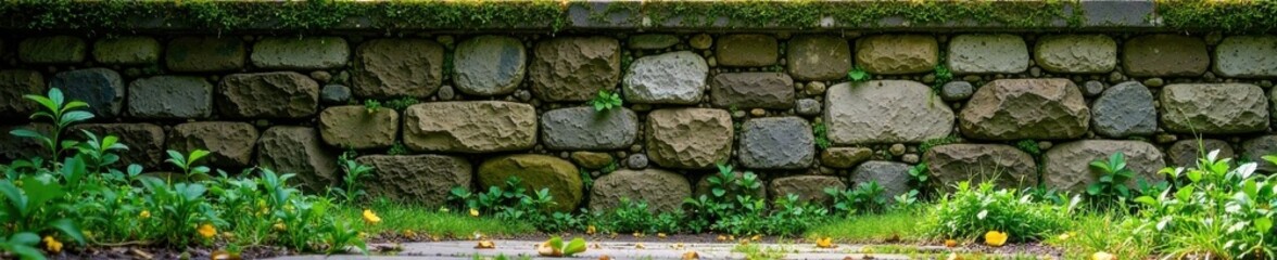 Weathered stone wall with moss-covered stones and overgrown vegetation, foliage, stone, weathered