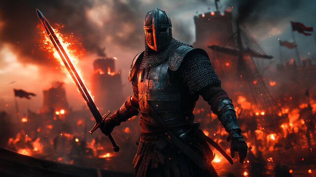 A fierce medieval knight stands in battle, surrounded by flames and chaos, embodying courage and valor.