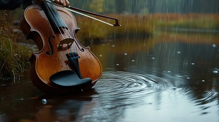 Fototapeta premium Rainy day, violin rests in water, somber mood.
