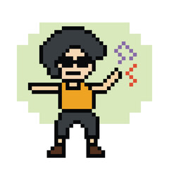 Obraz premium Cute cartoon pixel character cute man exercises training aerobic dance lifestyle music decoration life style 8 bit male boy dance with music game 8bit fitness isolated PNG vector.
