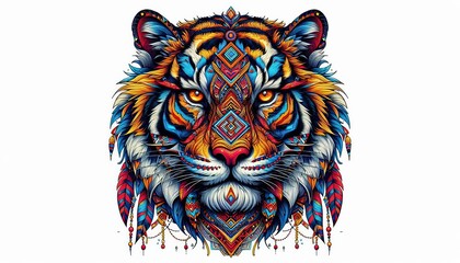 Intricate tribal tiger portrait with vibrant geometric elements