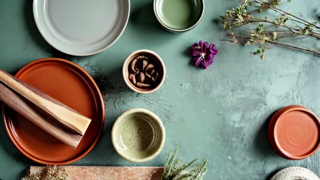 Rustic table setting with herbs and pottery plates in a cozy kitchen arrangement