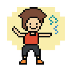 Obraz premium Cute cartoon pixel character cute man exercises training aerobic dance lifestyle music decoration life style 8 bit male boy dance with music game 8bit fitness isolated PNG vector.