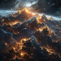 Naklejka premium Dancing Radiant Tendrils in Cosmic Clouds Space Digital Artwork Nebula Celestial Perspective Ethereal Beauty