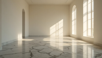 Obraz premium Bright Empty Room with Marble Floor and Sunlight Streaming Throu