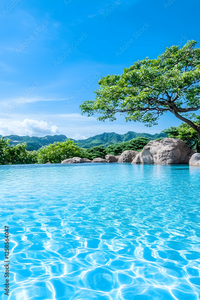 Wall mural Serene pool with clear sky, tree & rocks. Mountains background. Ideal summer escape or holiday