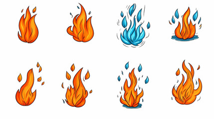 Set of hot flames, icy fire icons with water drops for energy sources, or symbol icons