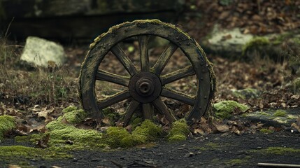 Fototapeta premium An abandoned wooden wheel covered in moss stands silently in a forgotten landscape, evoking a sense of nostalgia and nature's reclaiming touch.