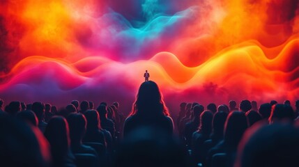 Speaker addresses captivated audience vibrant backdrop