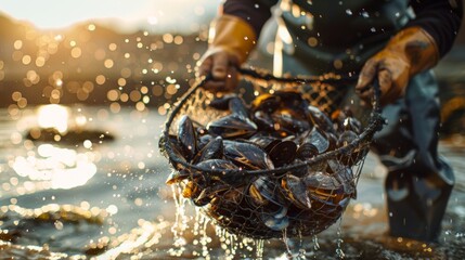 A fisherman carefully collects fresh mussels from the water in a large net, with evening sunlight reflecting off the water and the shoreline in the background, highlighting the beauty of the moment.