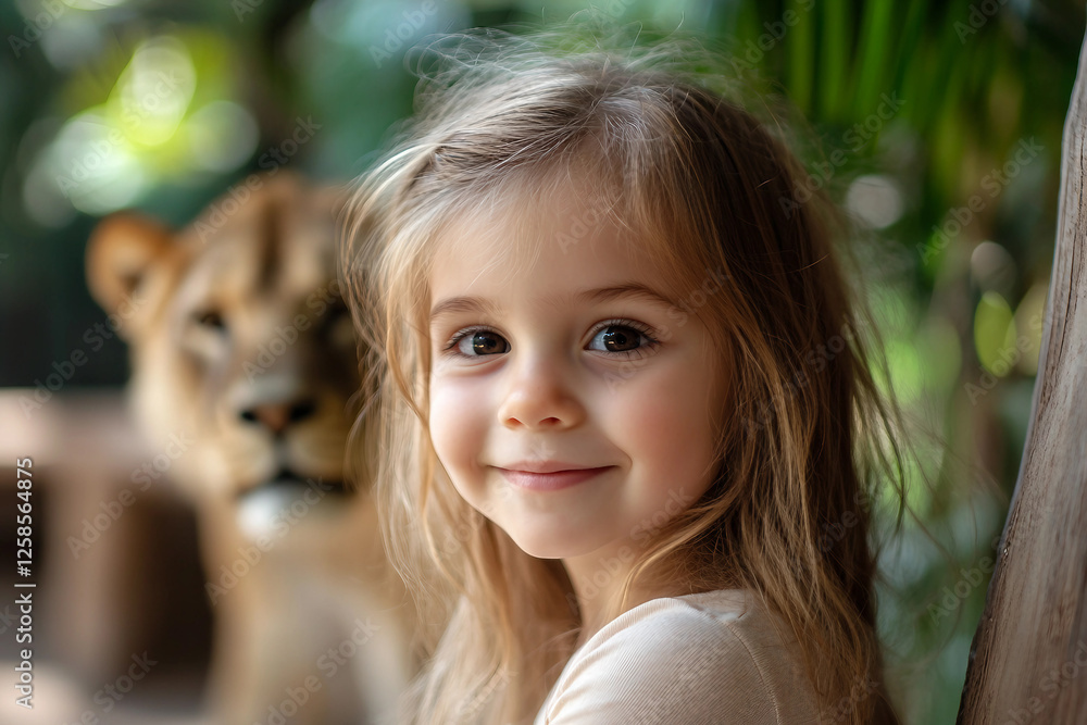 Poster a child wonder and curiosity in a serene zoo setting generative ai