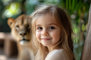 Fototapeta premium A child wonder and curiosity in a serene zoo setting generative AI