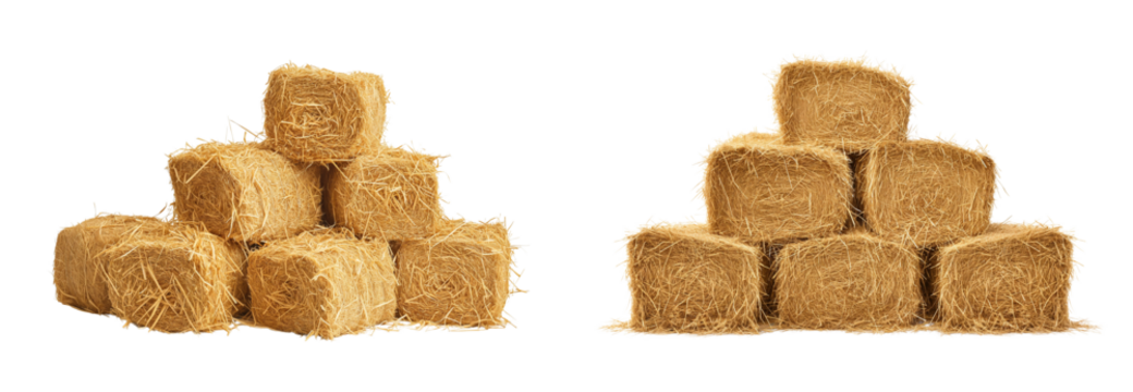 Set of hay bales stacked isolated on white or transparent background, die cut png file