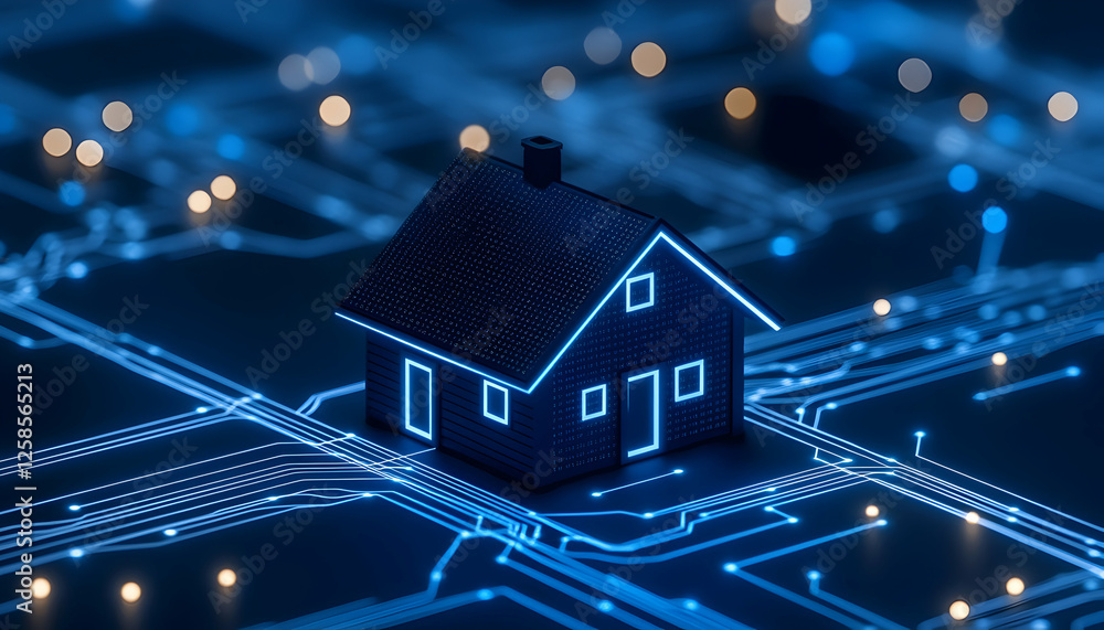 Poster smart home on circuit board. technology concept. glowing lights, digital backdrop. presentation use