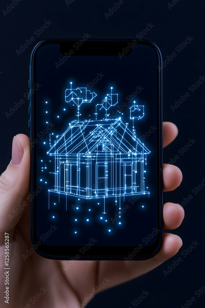 Poster smart home control app showing a house with connected device icons on a smartphone held in hand