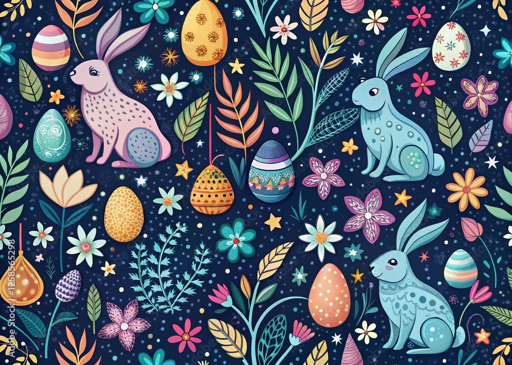 Wall mural Whimsical Easter Night: Hand-Drawn Pattern, Stars, Eggs, Bunnies