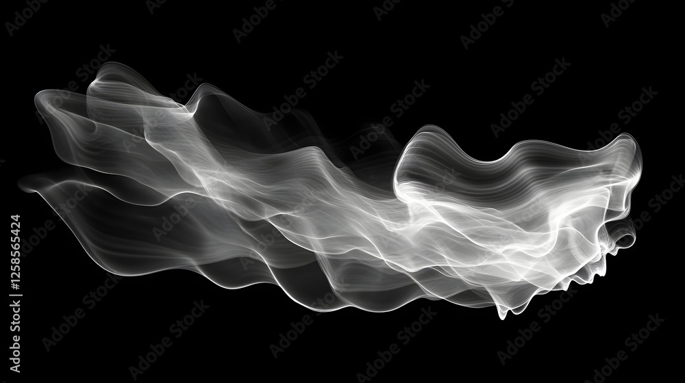 Poster abstract smoky wisp with flowing waveforms on a black backdrop evokes ethereal monochrome elegance.