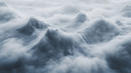 Obraz premium Abstract Mountain Landscape with Fog and Mist. Scenic Aerial View of Peaks in Overcast Conditions. Ethereal Nature Scenery