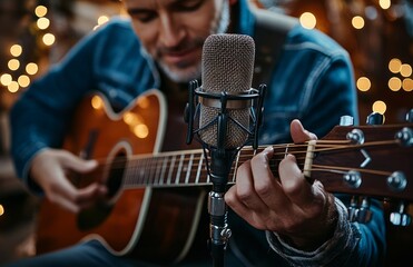 Fototapeta premium Talented musician recording acoustic guitar track in home studio with microphone