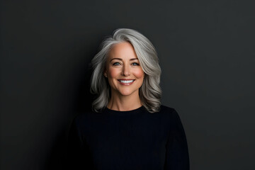 Smiling woman portrait. Silver hair against a dark background. Great for healthcare or lifestyle