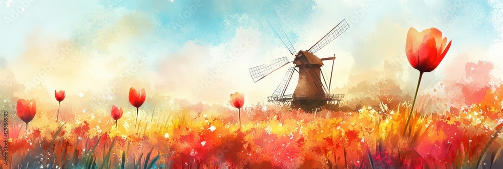 Aufkleber vibrant tulip fields and windmill illustrate a beautiful spring day with colorful blossoms and invit