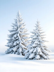 Obraz premium Snowy fir trees stand on white snow-covered ground under a bright sky. For winter landscape