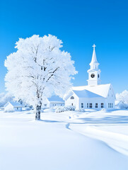 Snowy church winter scene. Peaceful landscape with chapel, tree, blue sky, and snow. For religious themes