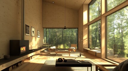 Modern Wooden Cabin Interior Design with Forest View
