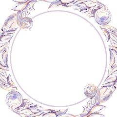 Decorative Circle Frame Antique Sculpture Elements, Wreath Ornament Of Scrolls And Leaves, Pastel Tones, Light Purple, Beige, Pink, Graceful Shapes, Elegant Watercolor Illustration On White Background