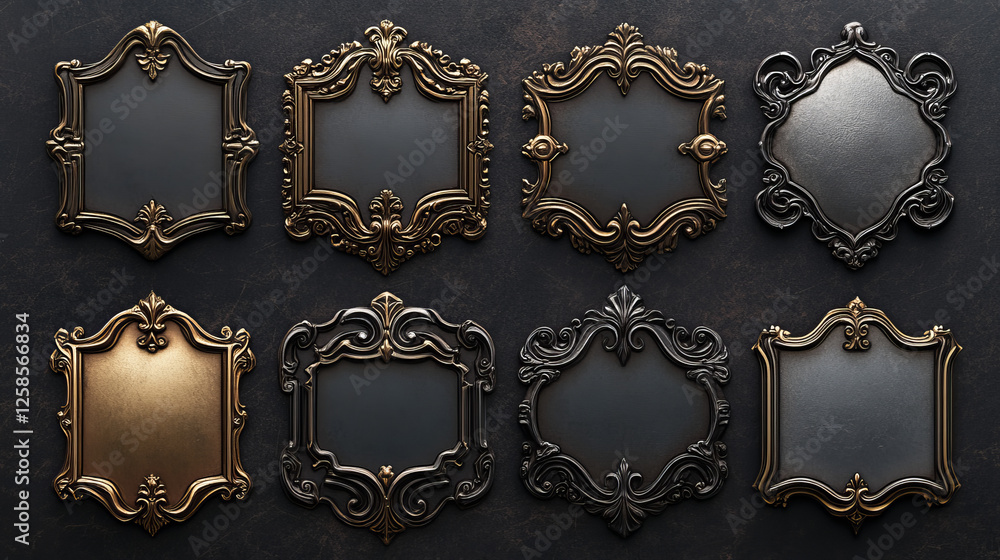Poster game frames, silver and gold ui borders evolution from simple to luxury plaque with elegant curvy ri