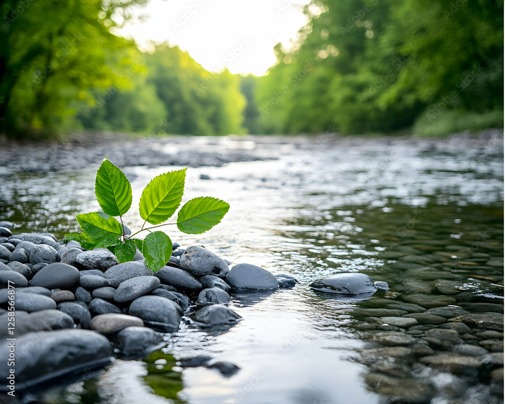 Poster sprout growth on stones in river with tree background for ecological/environmental use