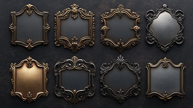 Game frames, silver and gold ui borders evolution from simple to luxury plaque with elegant curvy rims. Horizontal level plaques Isolated cartoon graphic gui elements for rpg, mmo or app, Vector set