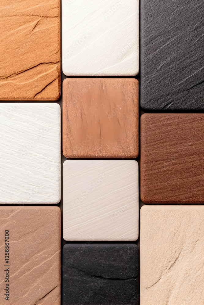 Aufkleber square samples showing different colored and textured tiles for home improvement on display