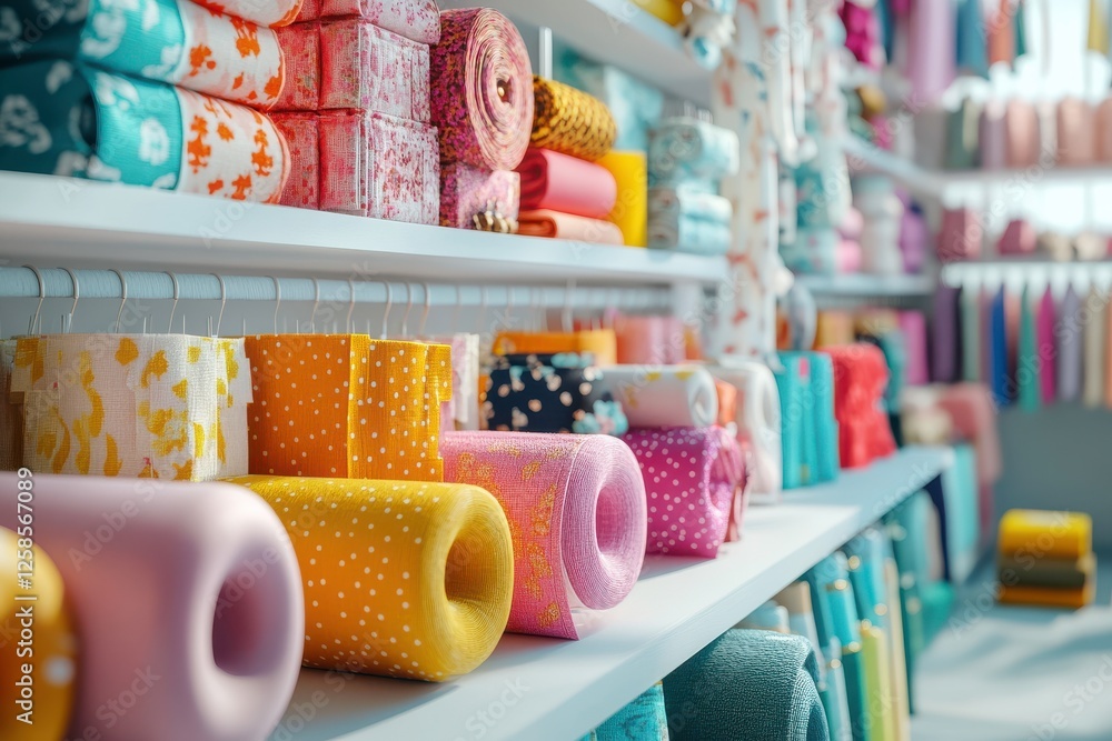 Poster a vibrant display of colorful fabric rolls arranged neatly on shelves, showcasing a variety of patte