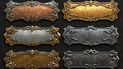 Empty game banner frames. Bronze, silver and gold borders in vintage medieval style, ranking ornament for game assets isolated on background, vector cartoon set